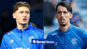 Rangers striker, Ryan Naderi and Bojan Miovski looking at each other in a 50/50 image, while wearing training tops.