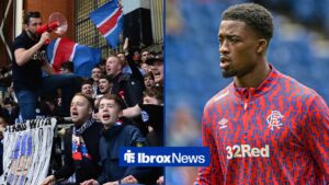 GLASGOW, SCOTLAND - MAY 12: Rangers fans make some noise at Ibrox Stadium during the Ladbrokes Scottish Premiership match between Rangers and Celtic at Ibrox Stadium on May 12, 2019 and Rangers v Club Brugge Pre-Season Friendly Emmanuel Fernandez of Rangers warms up during the Pre-Season Friendly match at Ibrox Stadium, Glasgow