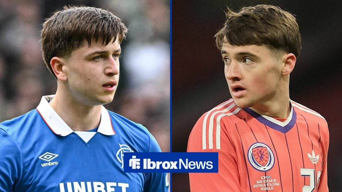 Mikey Moore in action for Rangers on the left with Findlay Curtis on the right for Scotland