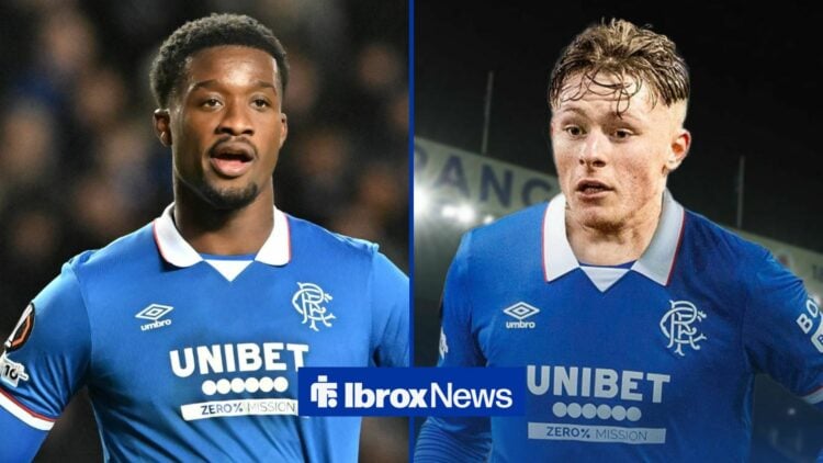 Emmanuel Fernandez looking at Luke Graham in a Rangers shirt.