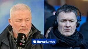 Ally McCoist holds a microphone, as Chris Sutton has his headphones on