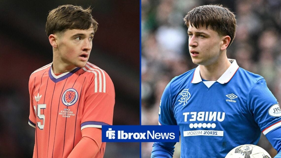 Findlay Curtis on the left making his Scotland debut with Mikey Moore on the right holding the ball for Rangers