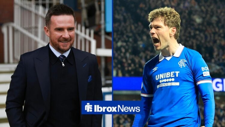 Barry Ferguson smiling on the left with Andreas Skov Olsen on the right for Rangers
