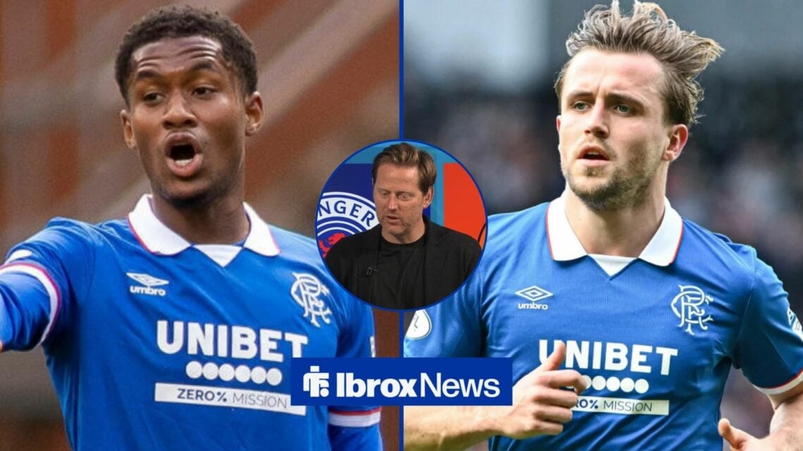 Jayden Meghoma and Tuur Rommens playing for Rangers looking towards Michael Stewart