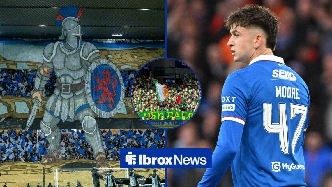 Mikey Moore looking in the direction of Rangers fans at Ibrox and Celtic fans at Hampden Park.