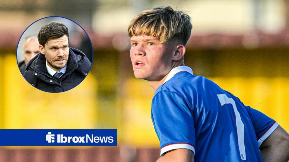 Alex Smith of Rangers B during the KDM Evolution Trophy match at Ochilview Park, Danny Rohl looking nervous.
