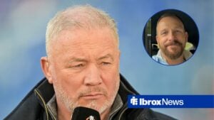 Former Rangers player and presenter for TNT, Ally McCoist during the UEFA Europa League Quarter-final First Leg match with Athletic Bilbao, Jody Morris smiling in inset.