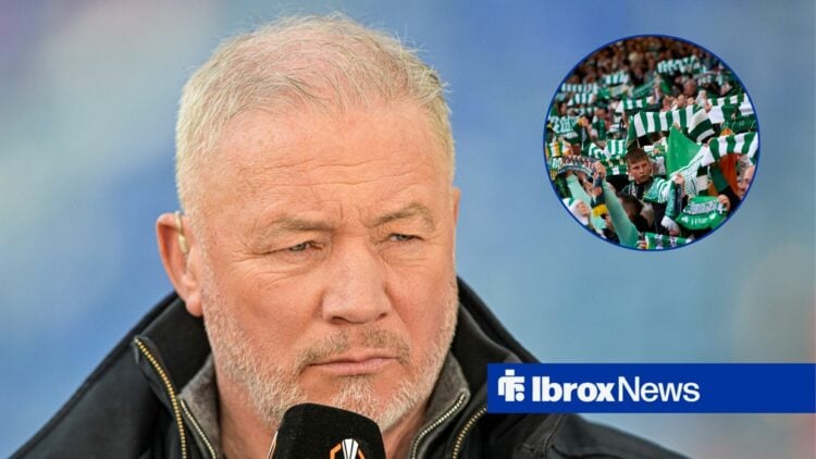 Rangers legend Ally McCoist on broadcast duties for TNT Sports, Celtic fans hold scarves at Parkhead.