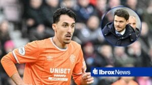 Bojan Miovski of Rangers during the William Hill Premiership match with Hearts, Danny Rohl looking worried vs Hibernian.
