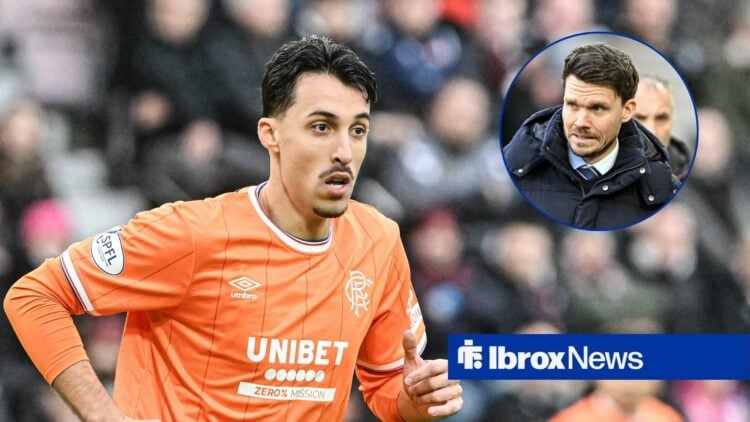 Bojan Miovski of Rangers during the William Hill Premiership match with Hearts, Danny Rohl looking worried vs Hibernian.
