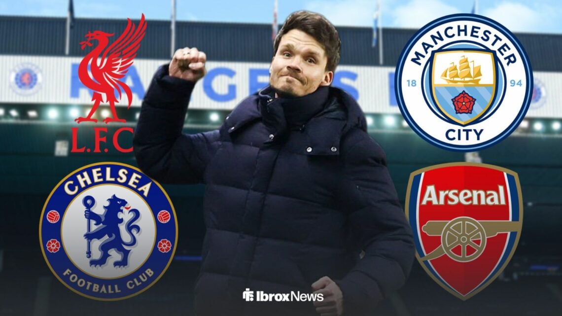 Rangers manager Danny Rohl pumping his first with Liverpool, Chelsea, Arsenal and Man City badges behind him.