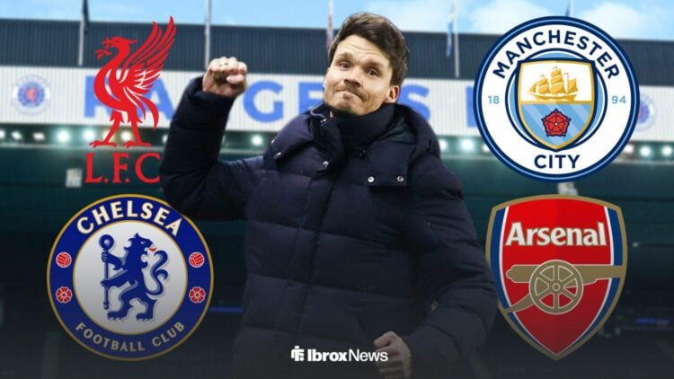 Rangers manager Danny Rohl pumping his first with Liverpool, Chelsea, Arsenal and Man City badges behind him.