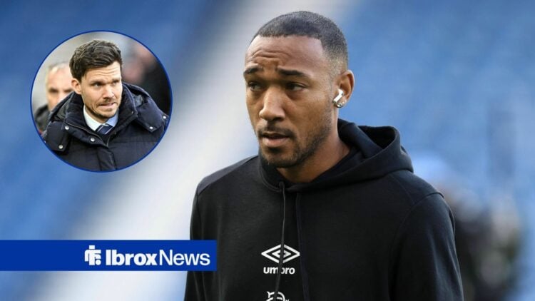 Derek Cornelius in Rangers hoodie, Danny Rohl looking worried in Hiberian game.