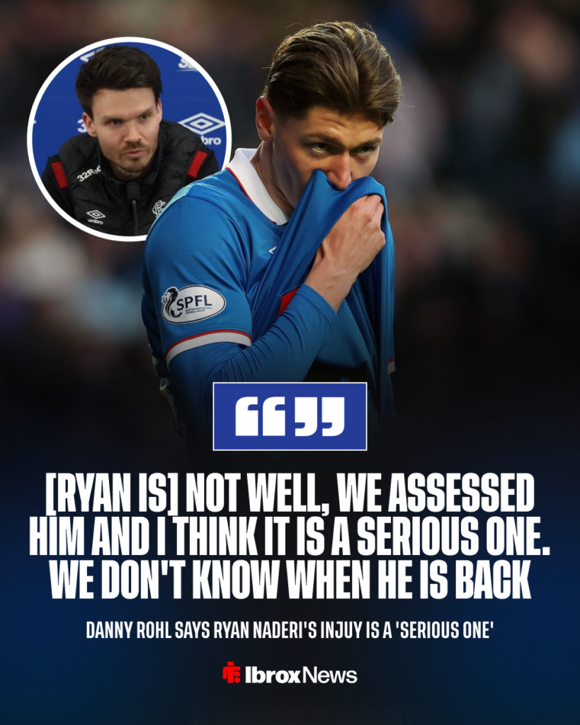 Rangers striker Ryan Naderi in background and Danny Rohl's image in circular inset on the left with quote