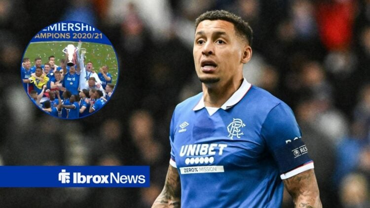 James Tavernier lifting the Scottish Premiership title, also in action vs Braga in the Europa League.