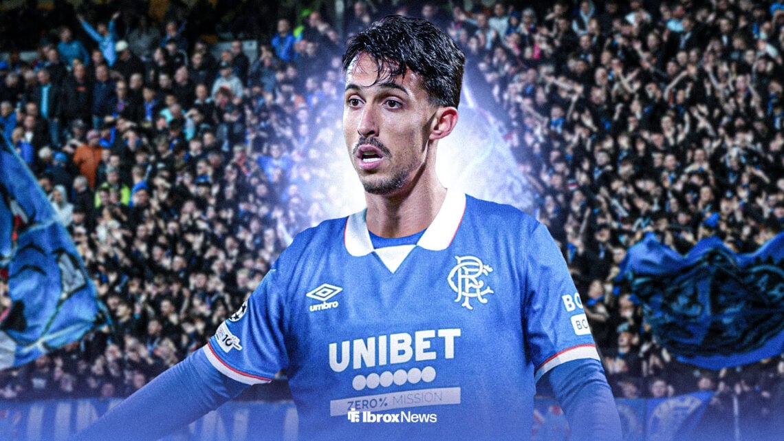 Bojan Miovski playing for Rangers with Ibrox Stadium crowd background