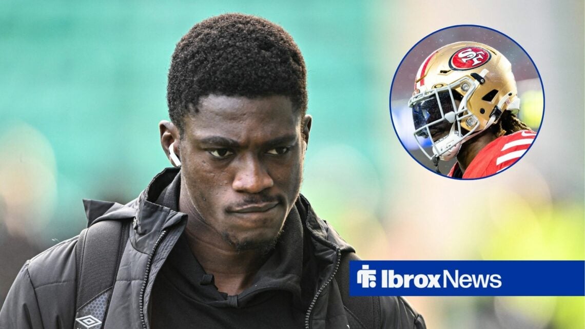 Nasser Djiga of Rangers arrives during the William Hill Premiership match vs Hibernian, 49ers player in NFL action in inset.