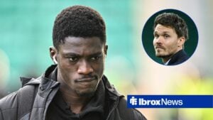 Nasser Djiga of Rangers arrives during the William Hill Premiership match vs Hibernian, Danny Rohl of Rangers at full time vs Hibernian.