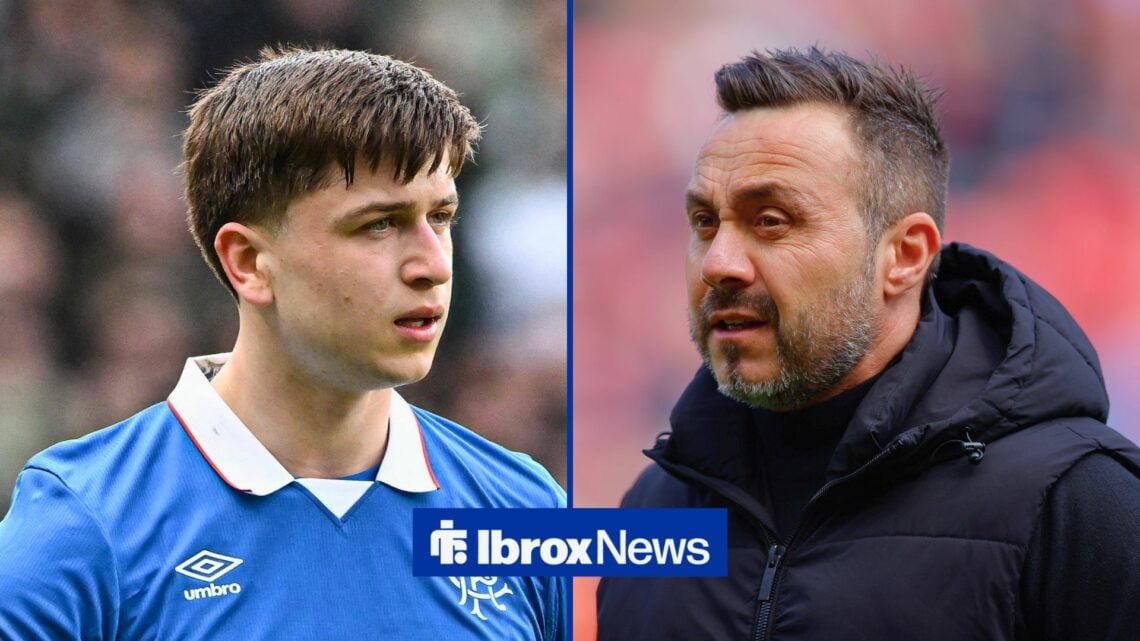 Split image of Rangers forward Mikey Moore and Tottenham manager Roberto De Zerbi