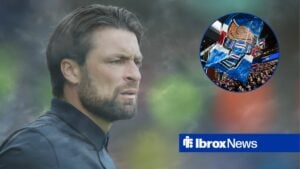 Former Rangers manager Russell Martin looking perplexed, Rangers fans at Ibrox in inset.