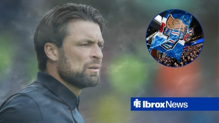 Former Rangers manager Russell Martin looking perplexed, Rangers fans at Ibrox in inset.