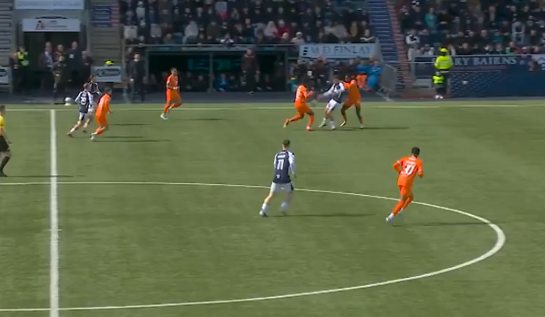 A screenshot of James Tavernier's positioning before Falkirk's first goal vs Rangers
