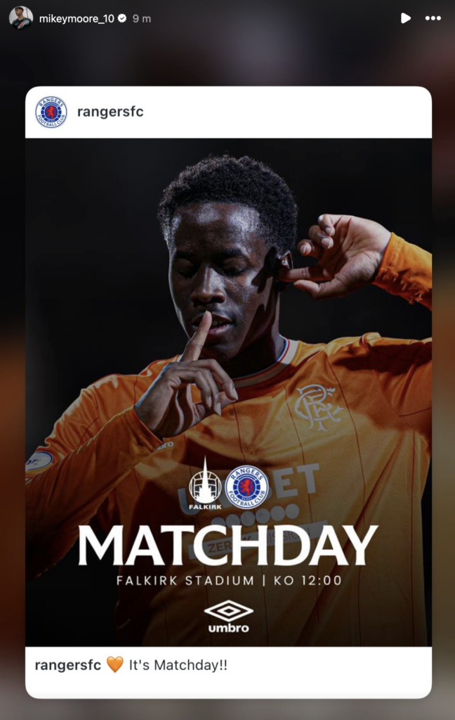 Mikey Moore's Instagram activity ahead of Falkirk vs Rangers