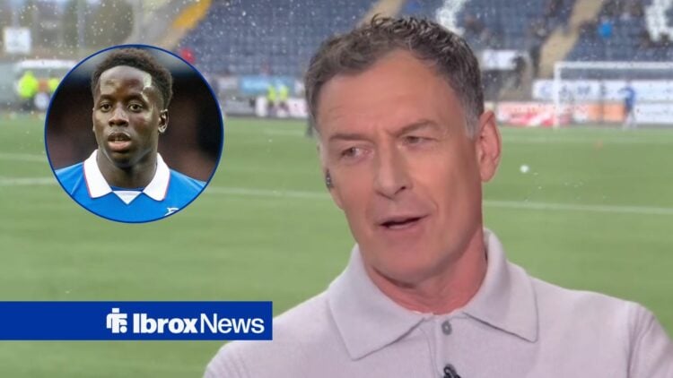 Chris Sutton working as a Sky Sports pundit, with Djeidi Gassama in a circular frame inset