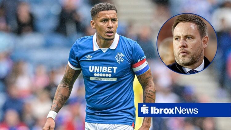James Tavernier looks at a circular inset of Michael Beale.