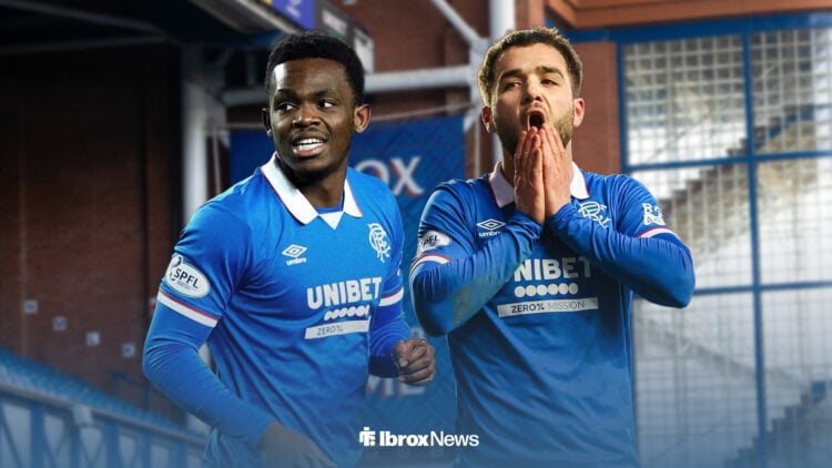 Rabbi Matondo looking annoyed next to Nico Raskin looking sad at Rangers