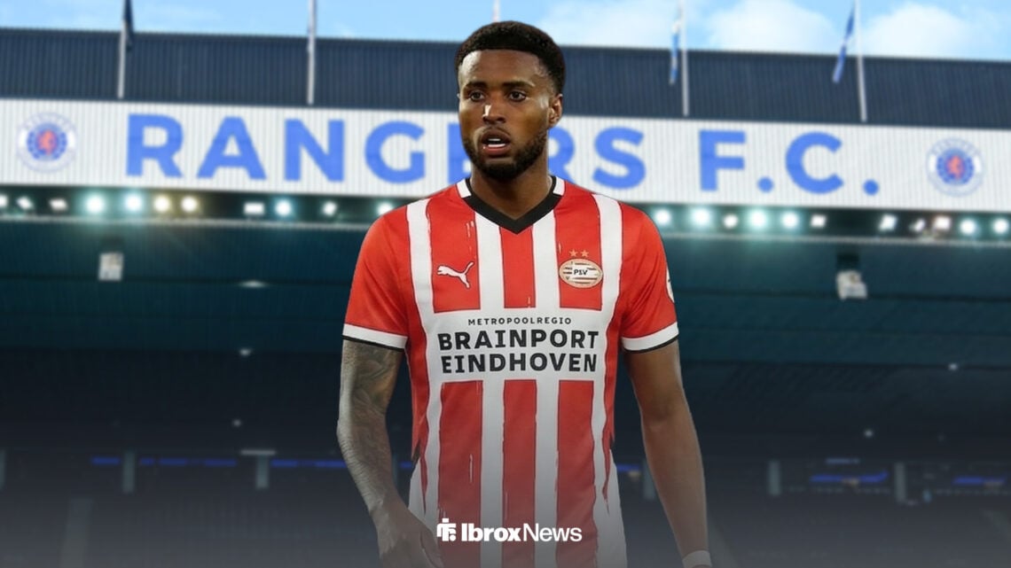 Rangers striker Youssef Chermiti in a PSV Eindhoven shirt, while standing outside of Rangers' stadium, Ibrox.