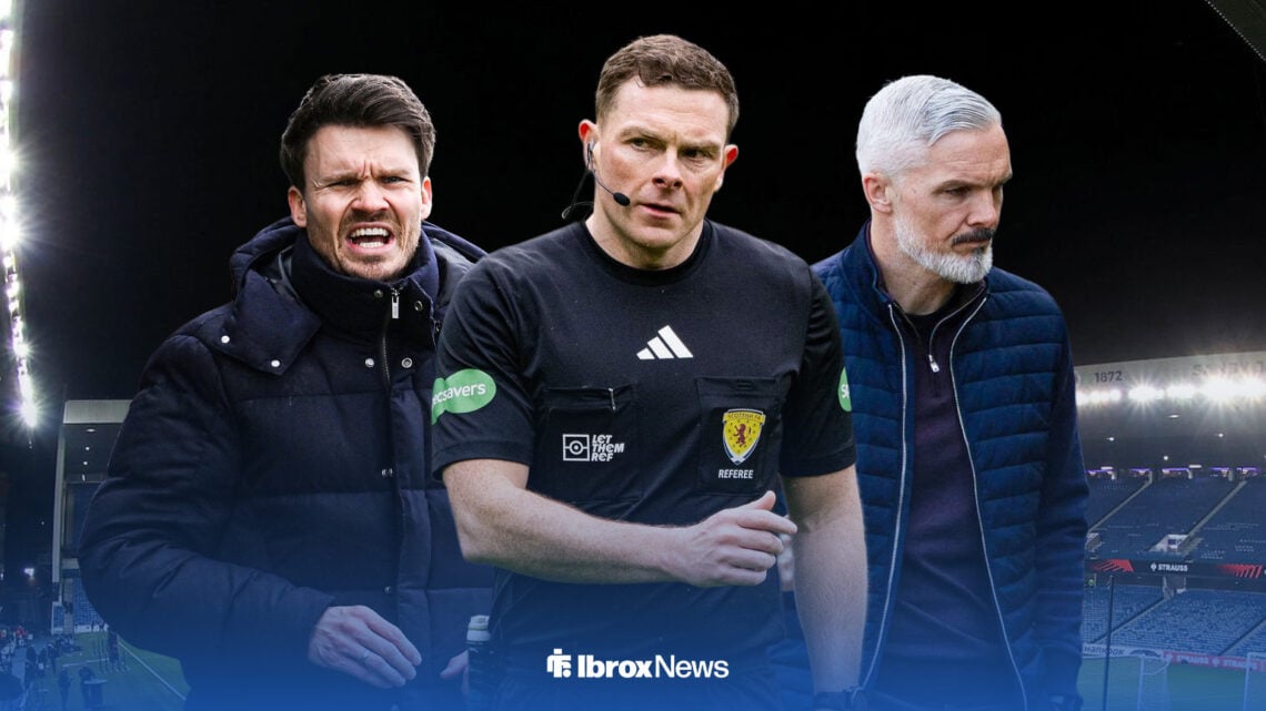 Scottish Premiership referee, John Beaton central, with Rangers manager Danny Rohl and Dundee United manager Jim Goodwin either side of him. All th...