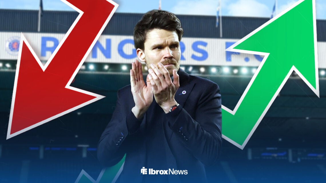 Danny Rohl applauds Rangers fans, with a red arrow pointing down and a green one directed up