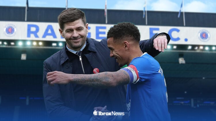 Steven Gerrard and James Tavernier embrace, with Ibrox in the background