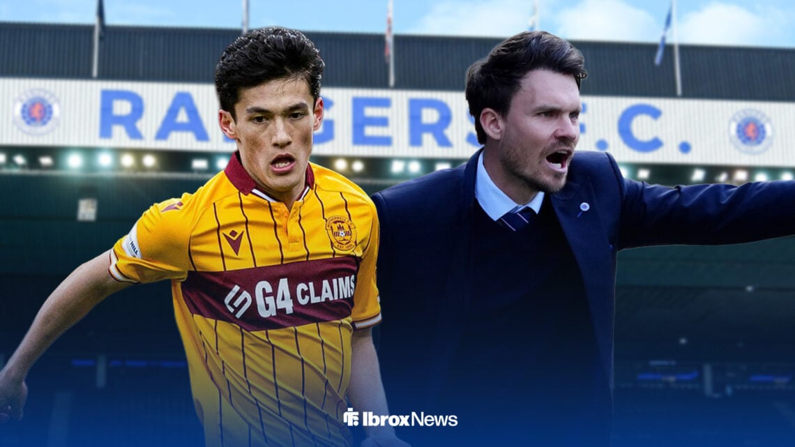 Motherwell star Elijah Just looking in the direction of Danny Rohl, Rangers manager, outside Ibrox Stadium.