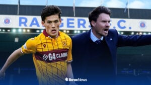 Motherwell star Elijah Just looking in the direction of Danny Rohl, Rangers manager, outside Ibrox Stadium.