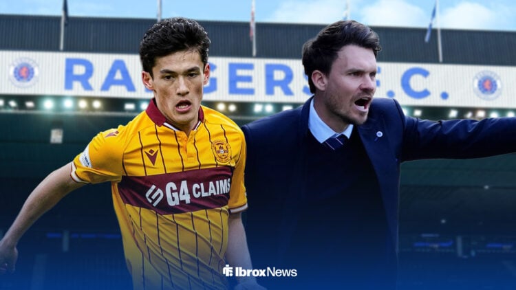 Motherwell star Elijah Just looking in the direction of Danny Rohl, Rangers manager, outside Ibrox Stadium.