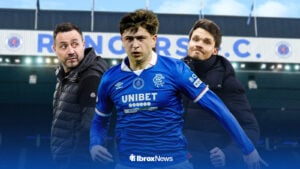 Mikey Moore for Rangers with Roberto De Zerbi and Danny Rohl behind him