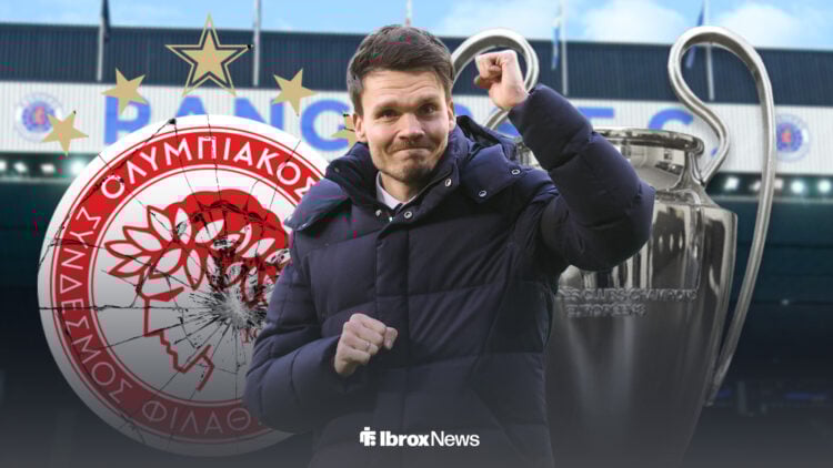 Danny Rohl at Ibrox celebrating with Olympiacos badge behind him and Champions League trophy behind him