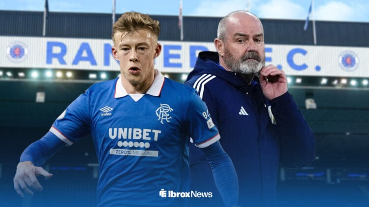 Connor Barron in action for Rangers at Ibrox with Scotland manager Steve Clark beside him