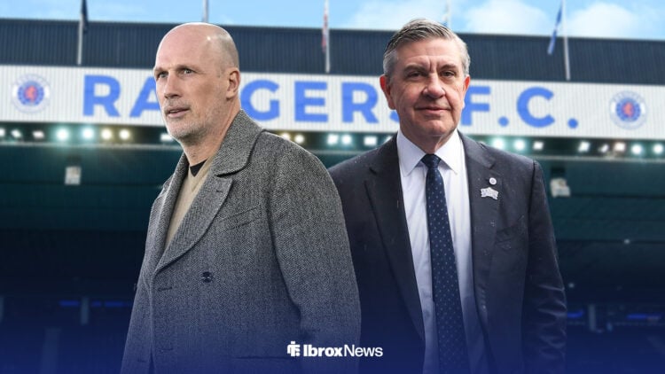 Philippe Clement and Andrew Cavenagh stood ahead of Ibrox Stadium