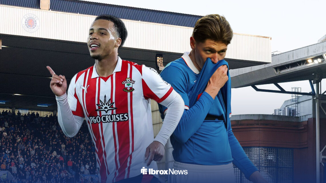 Cameron Archer celebrates for Southampton with Ryan Naderi looking upset at Ibrox