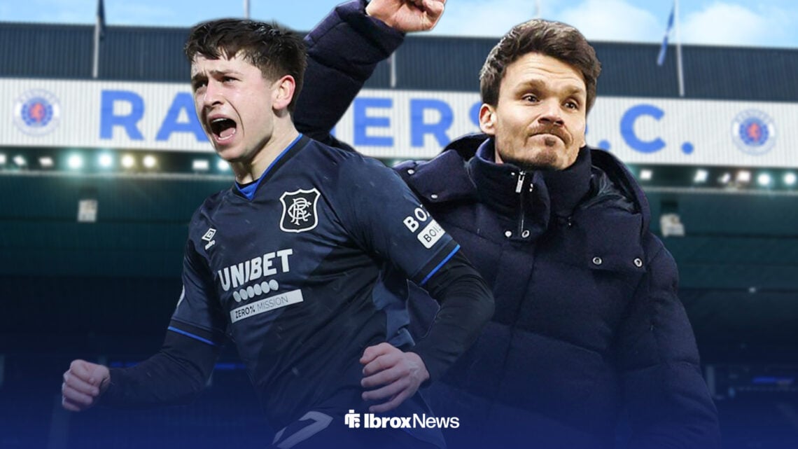 Mikey Moore and Danny Rohl celebrating side-by-side ahead of Ibrox Stadium