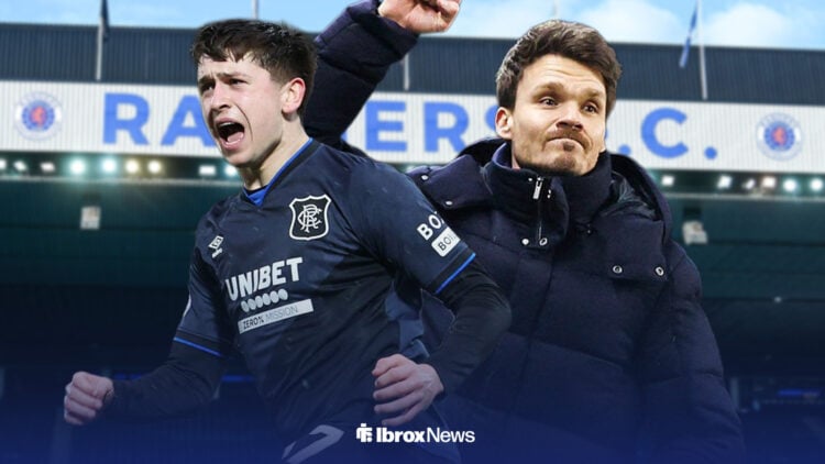 Mikey Moore and Danny Rohl celebrating side-by-side ahead of Ibrox Stadium