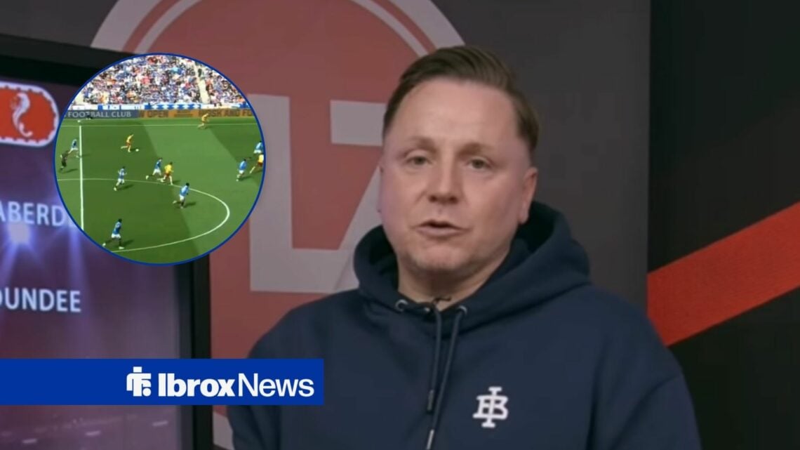 Tam McManus working as a pundit, with footage from Rangers vs Motherwell in a circular frame inset