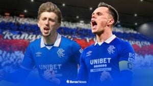 Dan Neil in a Rangers shirt and Lawrence Shankland in a Rangers shirt