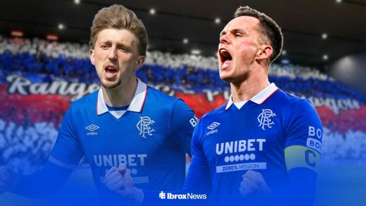 Dan Neil in a Rangers shirt and Lawrence Shankland in a Rangers shirt