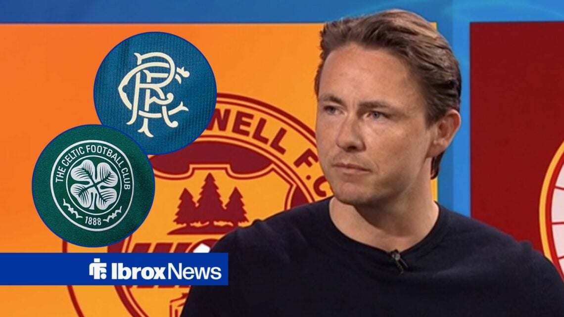 Scott Allan speaking on BBC Sportscene looking towards circle insets of the Rangers and Celtic badges