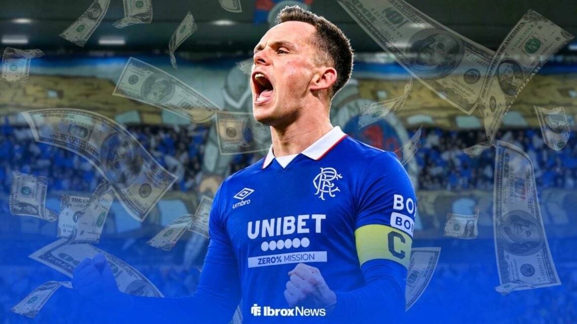 Lawrence Shankland celebrating in a Rangers shirt