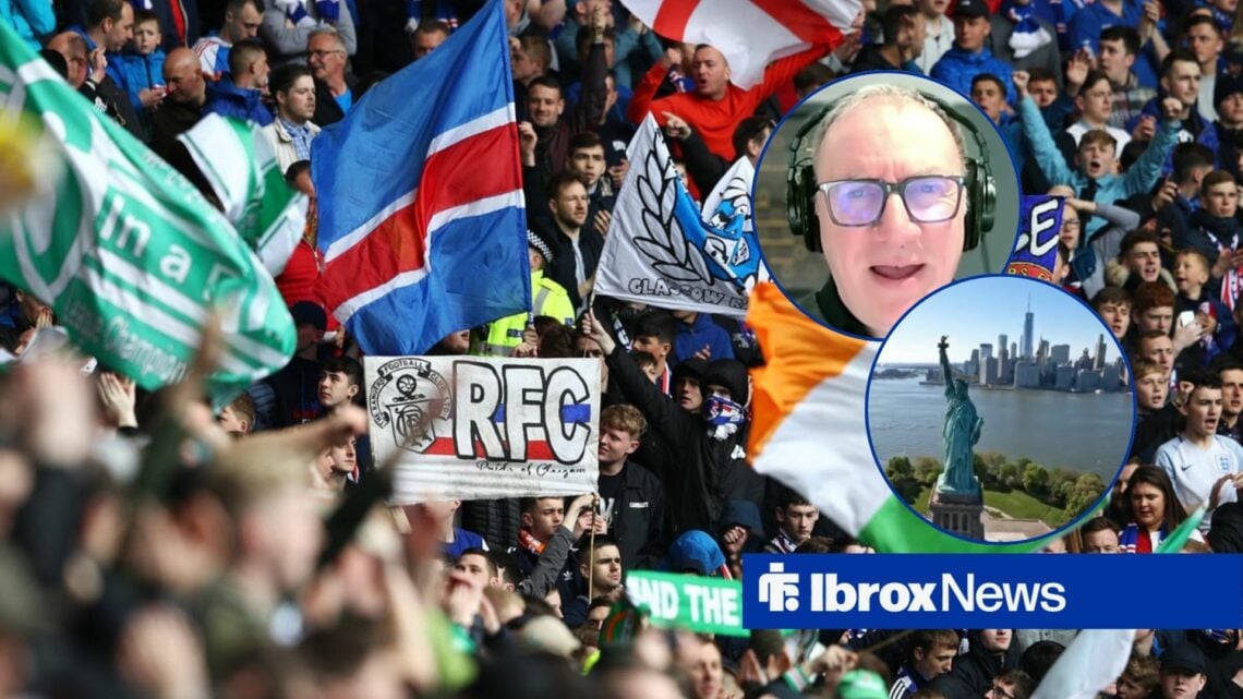 Rangers and Celtic fans with Kieran Maguire and a drone view footage of New York City.